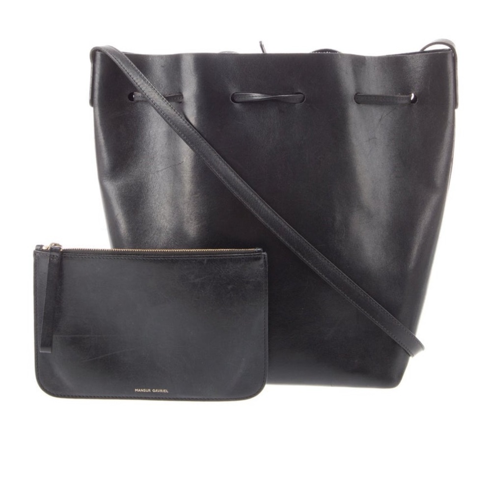 Mansur Gavriel Black Leather Bucket Shoulder Bag with Pouch